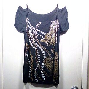 TULIP COTTON BLACK & GOLD TOP WITH COLD SHOULDERS SZ:3X